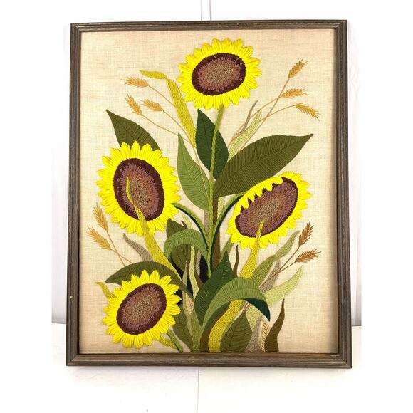 VTG Crewel Floral Sunflowers Needlepoint Framed 70's Fiber Wall Art 26"x32" - Picture 1 of 15